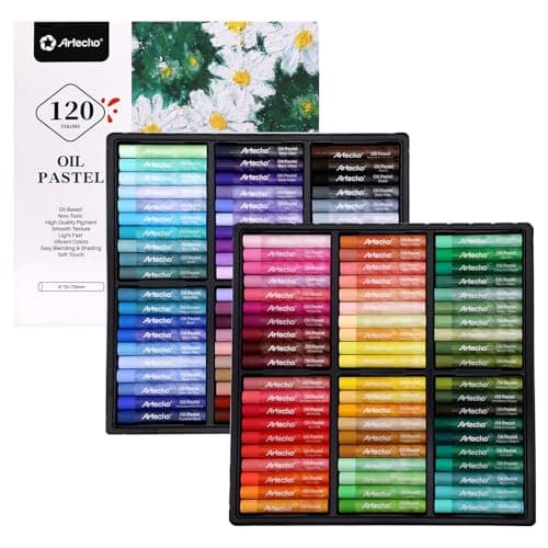 Artecho Oil Pastels Set of 120 Colors, Including 6 Neon Pastels, Soft Oil Pastels for Art Painting, Drawing, Blending, Art Supplies for Artists, Beginners, Students, Teachers (10 x 70 mm)